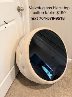Round Velvet Coffee Table with Black Glass Top
