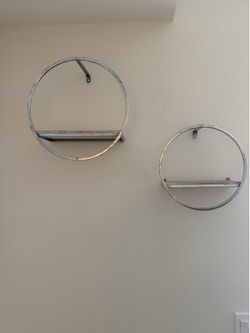 Set of 2 Circular Metal and Wood Wall Shelves