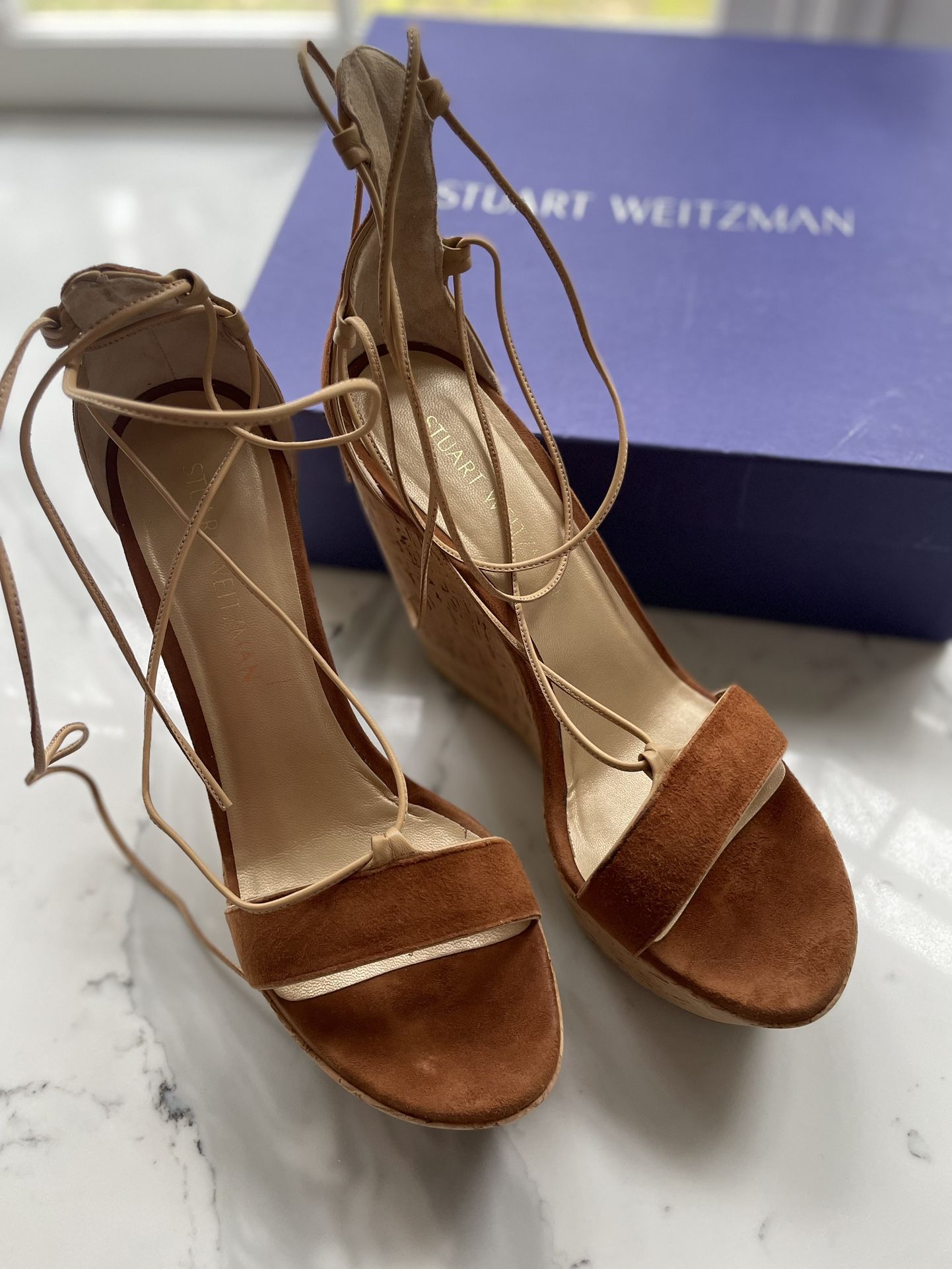 Stuart Weitzman Wedge Lace Up Heeled Sandals 