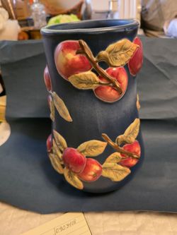 LONGABERGER Blue Ceramic Vase with Apple Relief Design. 0903609