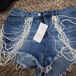 Embellished Jean Shorts With Pearls