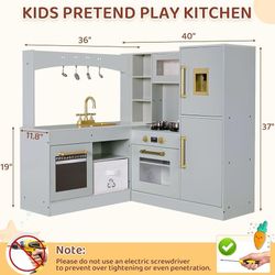 Corner Play Kitchen for Kids, Wooden Pretend Toy Kitchen, Large Toodler Cooking Playset w/Refrigerator, Stove w/Light & Sound, Disinfection Locker, Wa
