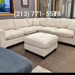 4-pc Sectional Sofa With Ottoman Ivory Corduroy New