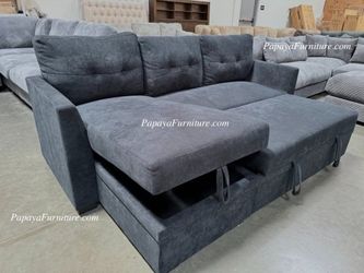 NEW Sectional Sofa with Storage Reversible Chaise and Pullout Sleeper Bed Sofabed Under seat Pull out convertible Soft Navy Black Fabric Discount SALE