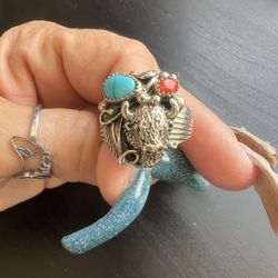 Sterling Silver Turquoise And Coral Ring