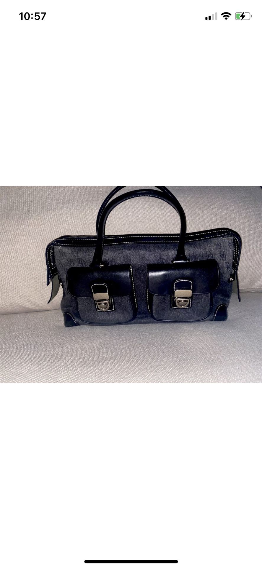 Dooney Bourke Handbag Purse Double Pocket Tote Bag Black Denim Jean Leather LNC