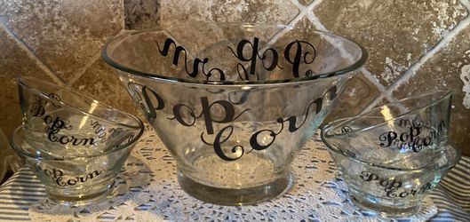 VINTAGE LARGE GLASS POPCORN BOWL AND  FOUR SERVING BOWLS~MID CENTURY MODERN~HEAVY!