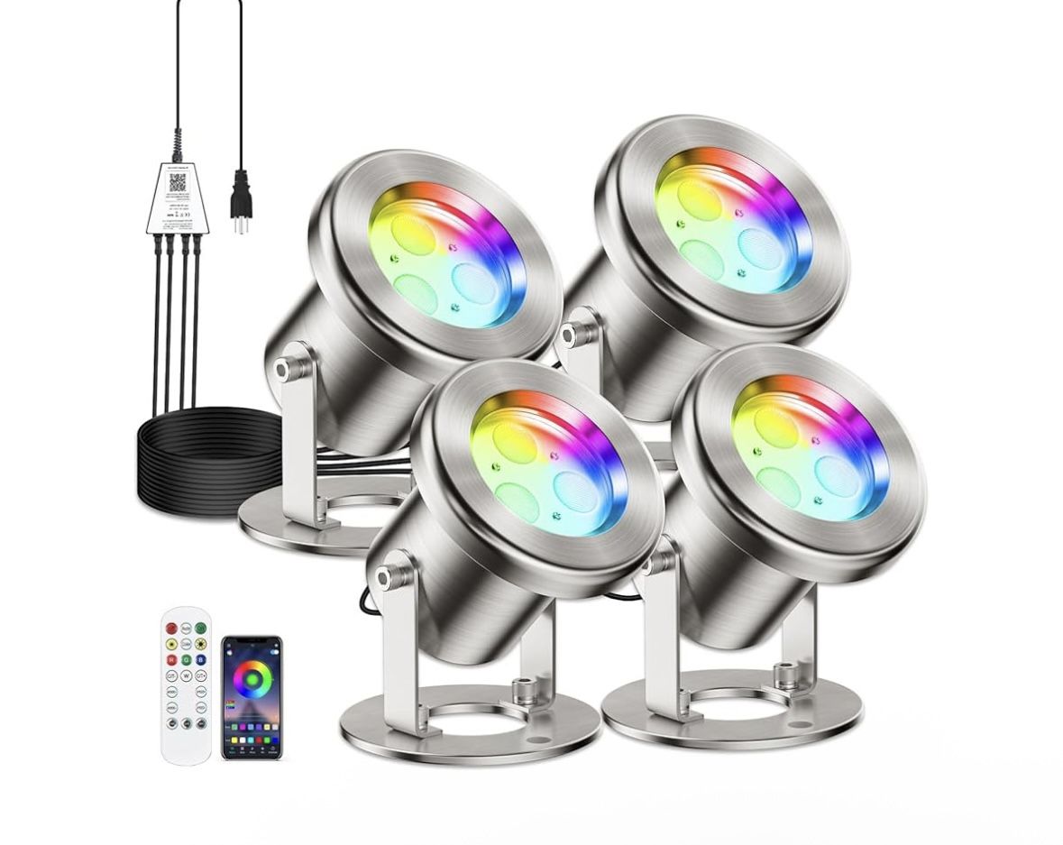 LyLmLe LED Pond Lights with APP Control, 6W SS316 Stainless Steel RGB Underwater Fountain Light with 12V Transformer, IP68 Waterproof Outdoor Underwat