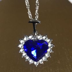 Blue Crystal Heart Pendant With Chain 