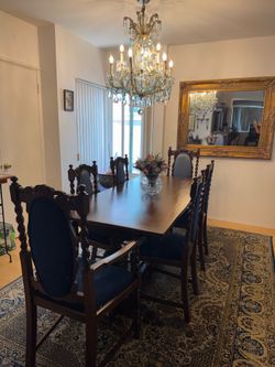Antique dinning set and china cabinet six chairs brand new upholstery
