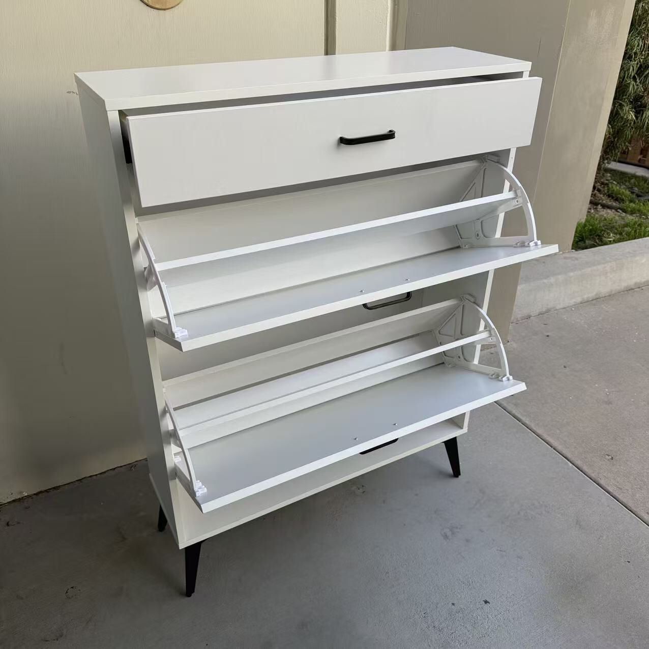 New In Box 32x10x44 Inch Tall Heavy Duty Material Shoe Storage Shelf White Cabinet With Double Fold Down Drawer Organizer