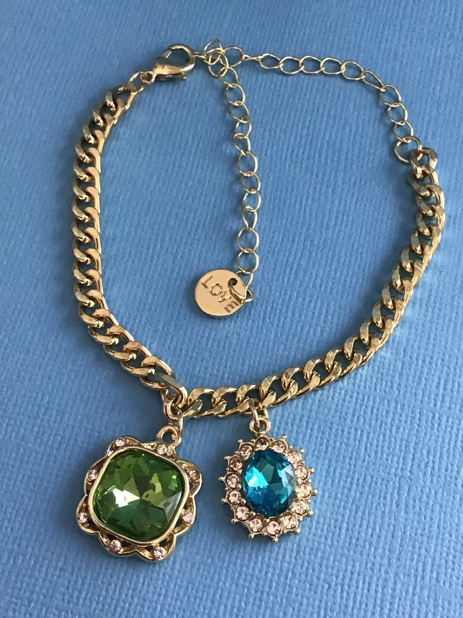 Ladies Bracelet Beautiful Dangling Charms w/Blue & Green Crystals - Adjustable Length *Pickup Boca Raton Or Ship Nationwide