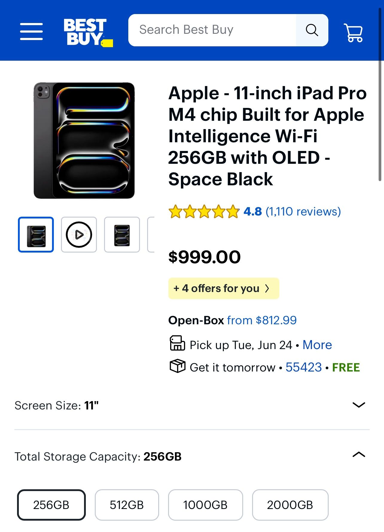 Apple 11" iPad Pro M4 Chip (Standard Glass, 256GB, Wi-Fi Only, Space Black)