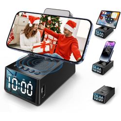 Cell Phone Stand with Wireless Bluetooth Speaker & Alarm Clock, 3 in 1 Adjustable Holder with Anti-Slip Base Fits All Phones Tablets, Unique Tech Gift