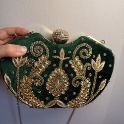 Green Velvet Gold Embroidered Sparkly Clutch Bag