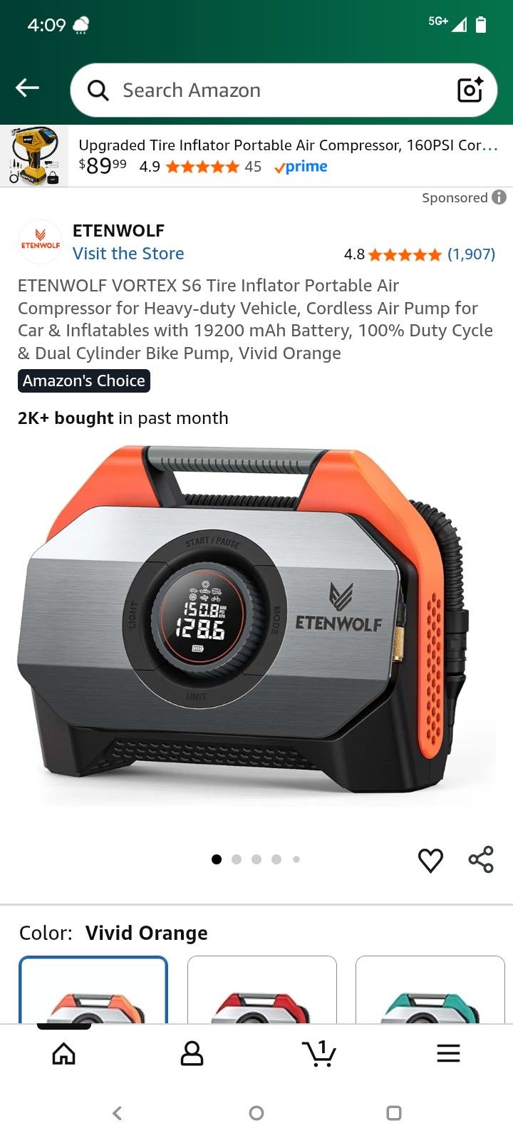 Etenwolf Vortex S6 Tire Inflator Portable Air Compressor For Heavy Duty Vehicles Cordless Air Pump
