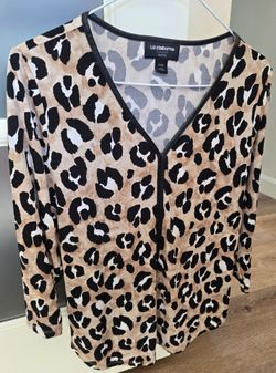 Womens Liz Claiborne Career Leopard Suit Blouse Black, Tan White Size MP (Medium Petite) Preowned