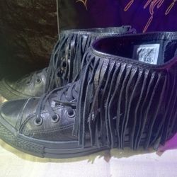 Size Eight Black Leather High Top Converse With Tassles