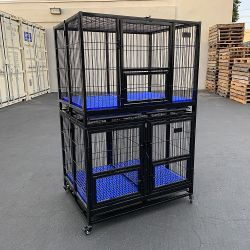 $370 (New) Set of 2 stackable dog cage 41x31x65” heavy duty kennel w/ plastic tray 