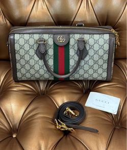 Gucci Ophidia Boston Bag GG Coated Canvas Medium Strap Booklets Shoulder Bag Purse