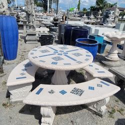 Concrete Stone Mosaic Picnic Table with 3 Benches/ Outdoor Patio Furniture