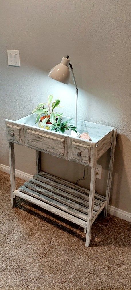 31"H X 28"W X 16"D 🌱Sold Wood Drawer Console Table/Side Table/Plater ::: Distressed Still Gray/White