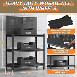 Workbench with Pegboard, Adjustable Heavy Duty Work Table with Wheels, Heavy Duty Workstation, Metal Tool Work Bench for Garage Warehouse Workshop, 48