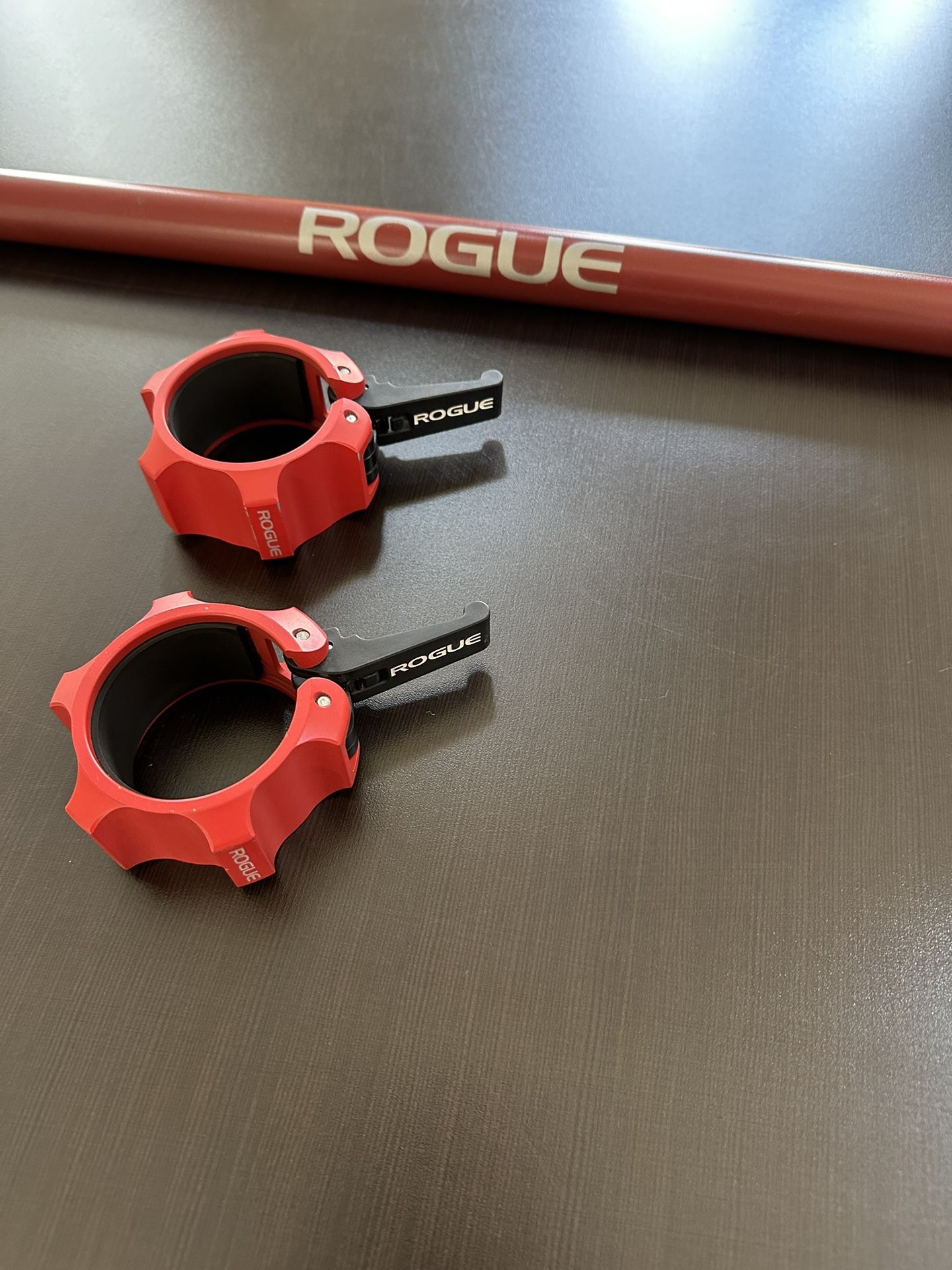 Rogue Power Bar With Two Rogue Barbell Clamps All In Red Cerakote
