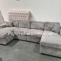 NEW U Shape Sectional with TWO CHAISE Set Large Lounge Modern Fabric Left Right Lounger Gray Grey Twin Double Small Living Room Space Saving Space