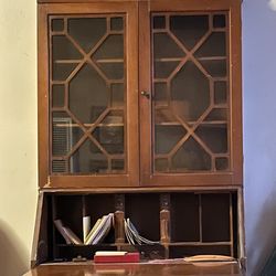 Vintage Walnut  1950s Secretary Desk Drop Front And Glass Cabinet 