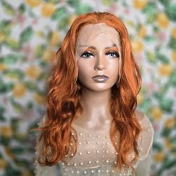 24"body Wave Human Hair Wig Orange Ginger New  13x4 Lace Front