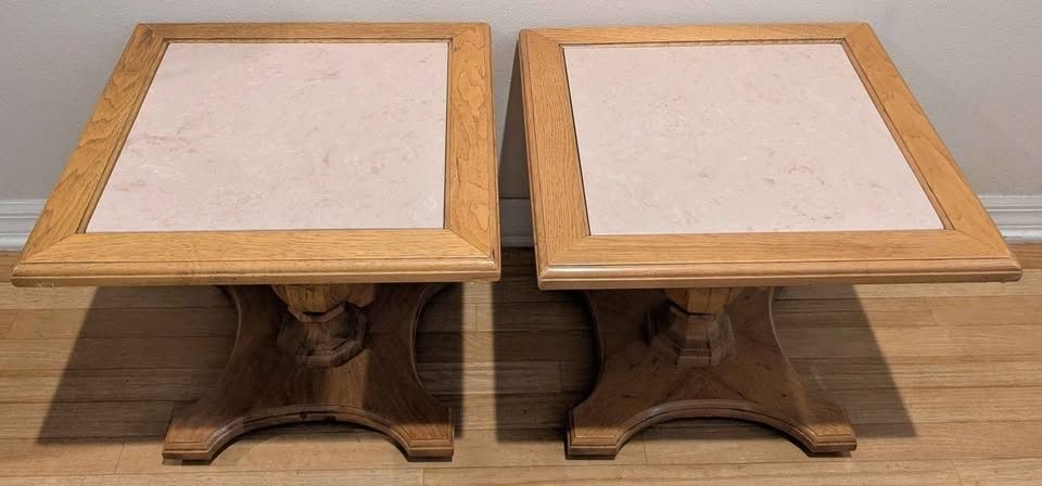 Matching Wood and Marble Side Tables