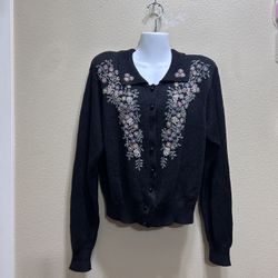 VTG YARNWORKS Women's Sweater O/S Black Beaded Floral Embroidered Cardigan Boho