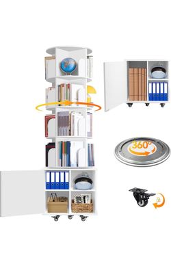 White 360° Rotating Bookshelf with Cabinet and Wheels