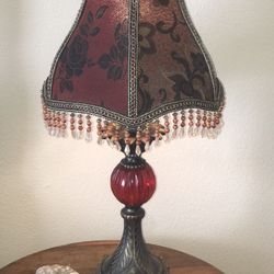 2 Vintage Victorian Beaded French Lamps Silk Floral Design Cranberry Color