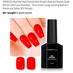 TOMICCA Red Gel Nail Polish,15ml Bright Red Gel Polish,Soak Off UV LED Cure Needed，Pure Color Long Lasting Nail Art Manicure Salon DIY Design