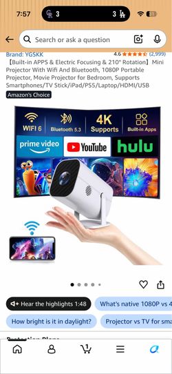 Built-in APPS & Electric Focusing & 210° Rotation】Mini Projector With Wifi And Bluetooth, 1080P Portable Projector, Movie Projector for Bedroom, Suppo