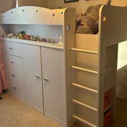 Kids Twin Loft Bed With Hideout, Dresser, Desk. Shelves, And Closet