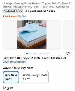 Linenspa Memory Foam Mattress Topper, Twin XL Size - 2 Inch Gel Infused Memory Foam - Plush Feel - Cooling and Pressure Relieving - CertiPUR Certified