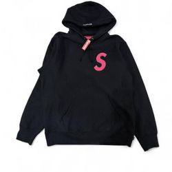 Supreme S Logo Hooded Sweatshirt Black hoodie Large Pink Chenille logo