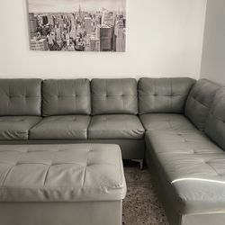 Gray Leather Sectional Couch 