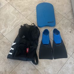 Swim Mesh Bag, Flippers, Fins, Kick Board. Sz Men 10-11 
