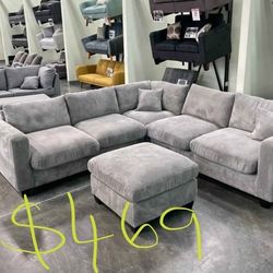 Corduroy Sectional Sofa With Ottoman 99x99 "