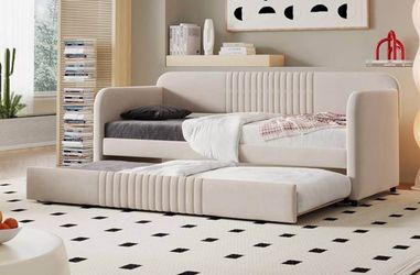 Gorgeous New Light Beige Velvet Twin Daybed w/ Roll Out Twin Trundle Bed (no mattresses)