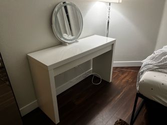 IKEA white dressing table w/ glass top AND LED circle mirror