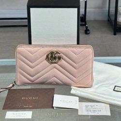 Gucci Wallet Long Wallet/Gg Marmont Round Zipper 443123 Leather Dusty Pink Box Tags