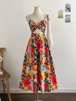 Leopard, Fruit And Toucan Print Knot Front Spaghetti Strap Dress 