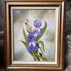 Oil Painting Of Iris Flowers  On Canvas Framed In Hard Wood Large