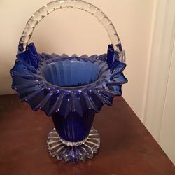Vintage Cobalt Blue & Clear Glass Basket Vase