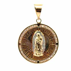 Men’s or Women’s 14k Tricolor Rose, White and Yellow Gold CZ Cubic Zirconia 1.5” Inch Round Greek Key Our Lady Of Guadalupe Pendant for Necklace GP313